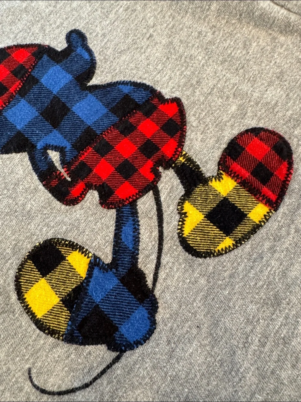 GAP Grey Long-Sleeve Tee with Plaid Disney Mickey Mouse in Red, Blue & Yellow